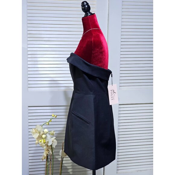 Oh Polly Women's Black Foldover-Neck Structured A-Line Mini Dress Sz 14 2578 - Picture 5 of 13